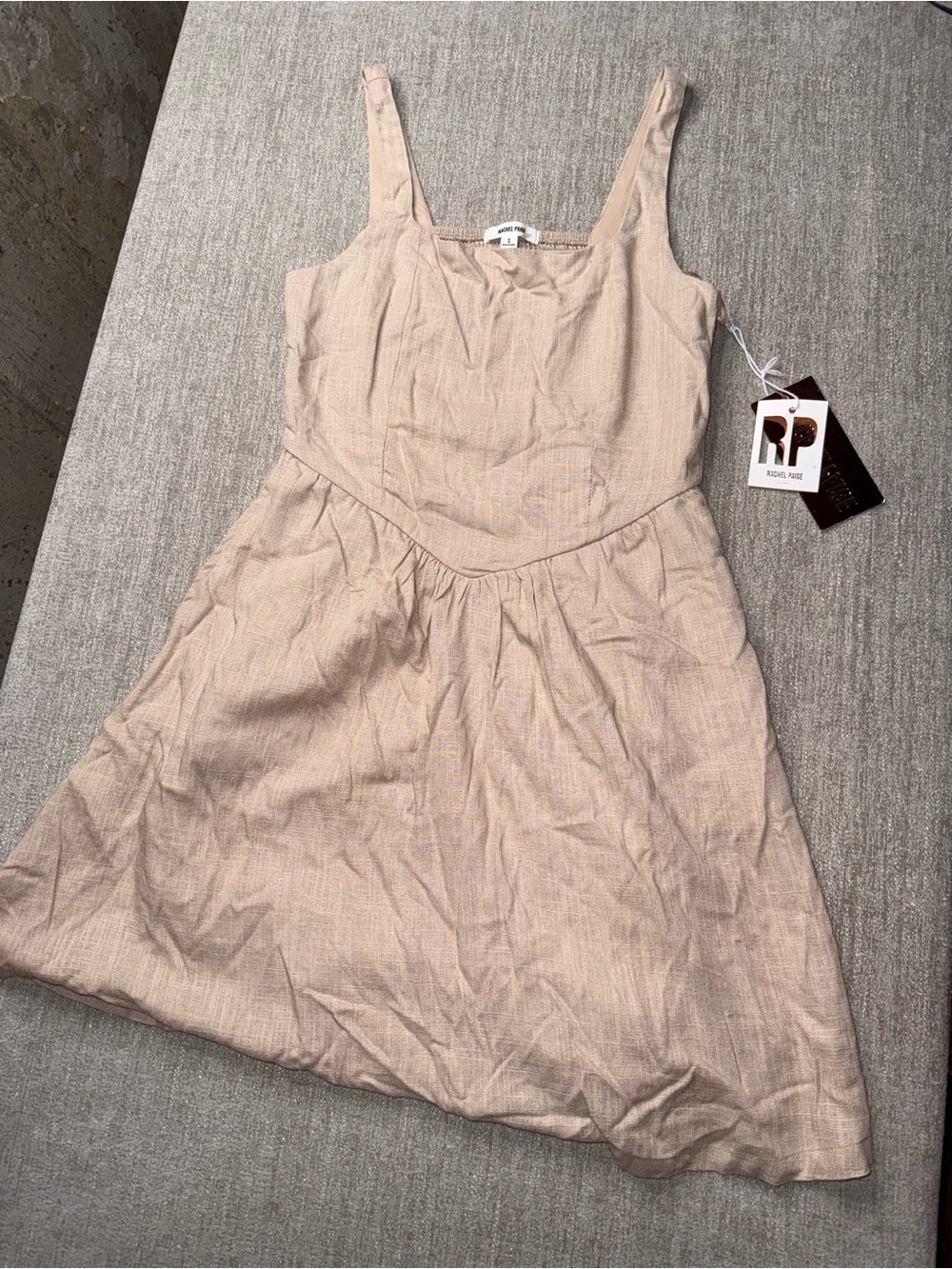 Rachel Paige Beige Linen Look Corset Midi Dress Smocked Back S NWT